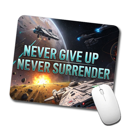 Never Give Up Never Surrender Inspirational Sci-Fi Space Low Profile Mouse Pad Mat