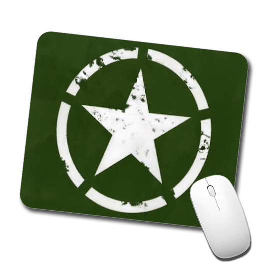 Rustic White Army Star On Olive Green Low Profile Mouse Pad Mat
