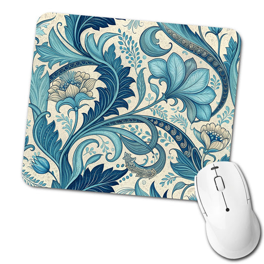 Art Nouveau Blue Leaf Flowers Low Profile Mouse Pad Mat