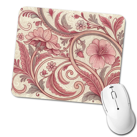Art Nouveau Pattern Pink Leaf Flowers Low Profile Mouse Pad Mat