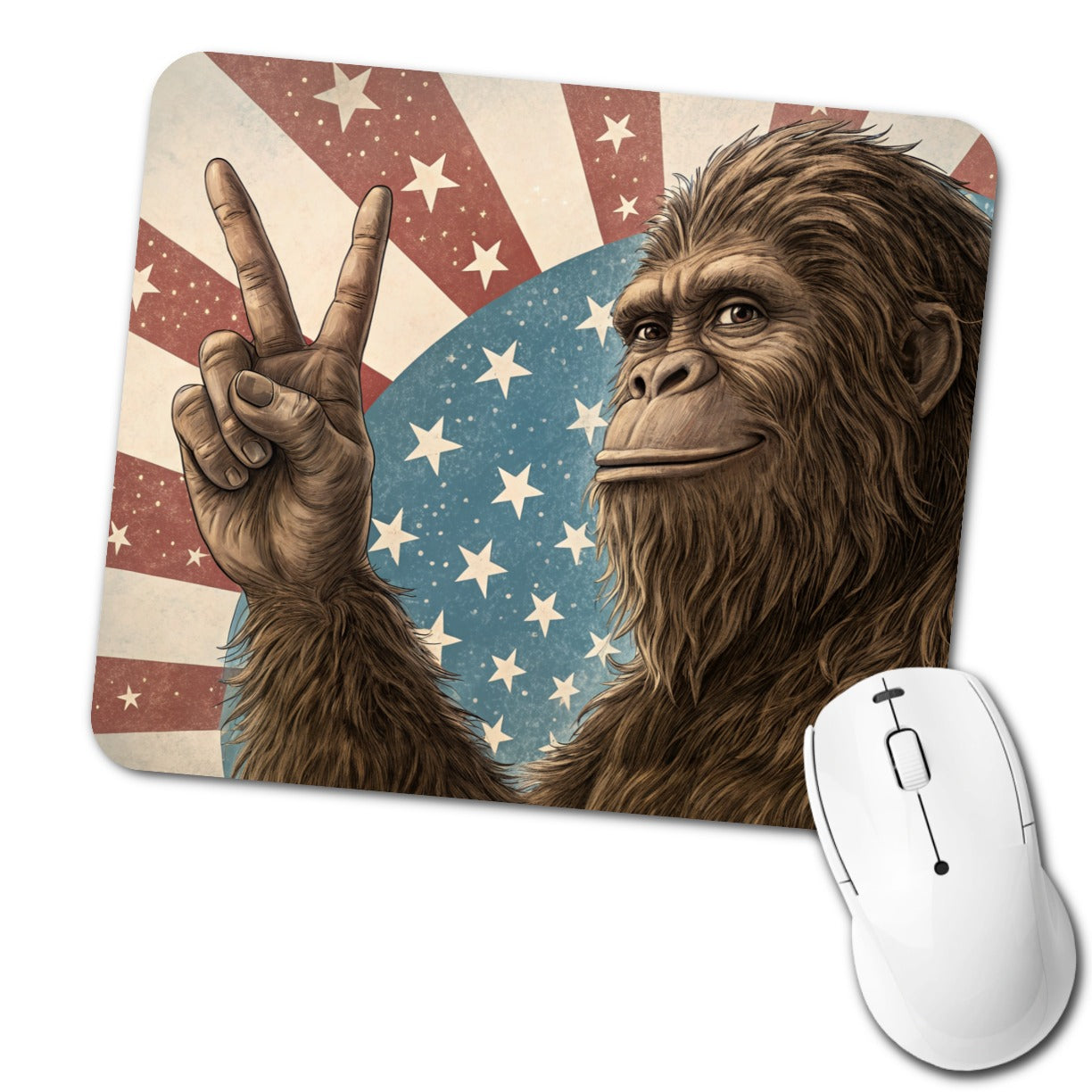 Bigfoot Giving Peace Sign Rising American Flag Low Profile Mouse Pad Mat