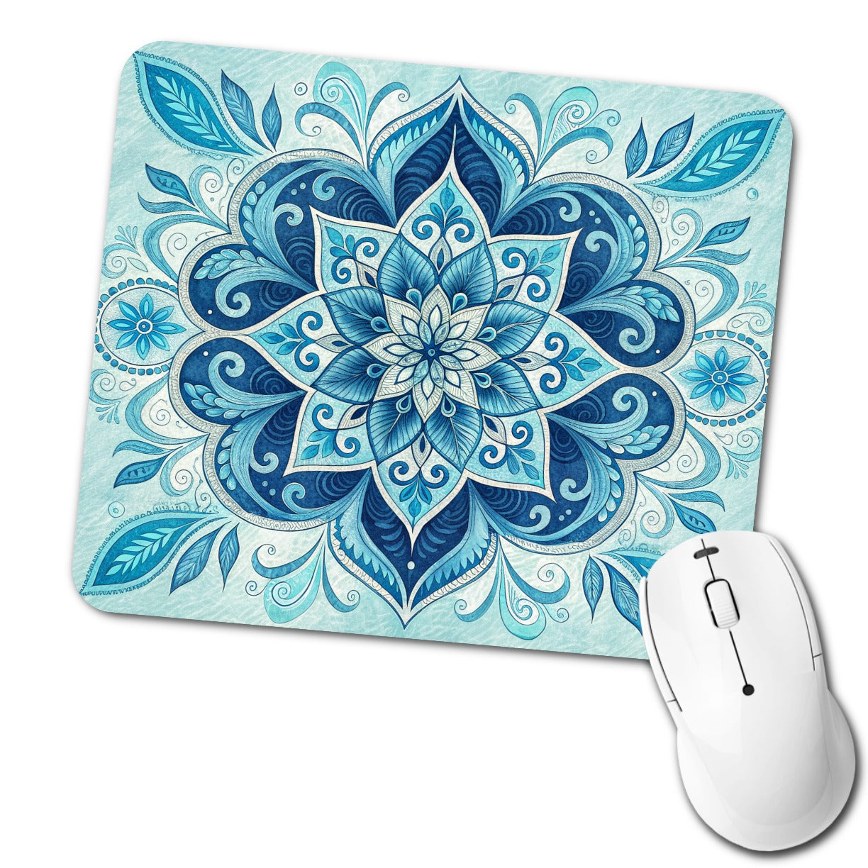 Blue Symmetrical Artistic Floral Pattern Low Profile Mouse Pad Mat