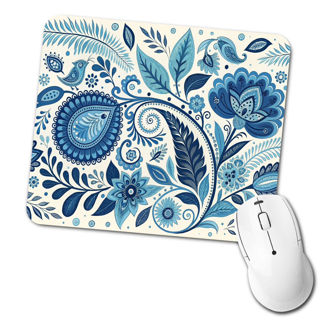 Blue Traditional Folk Art Floral Pattern Low Profile Mouse Pad Mat