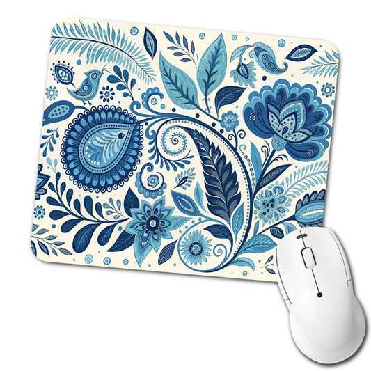 Blue Traditional Folk Art Floral Pattern Low Profile Mouse Pad Mat