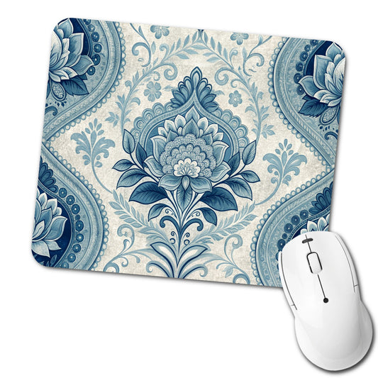 Blue Victorian Decorative Floral Pattern Low Profile Mouse Pad Mat