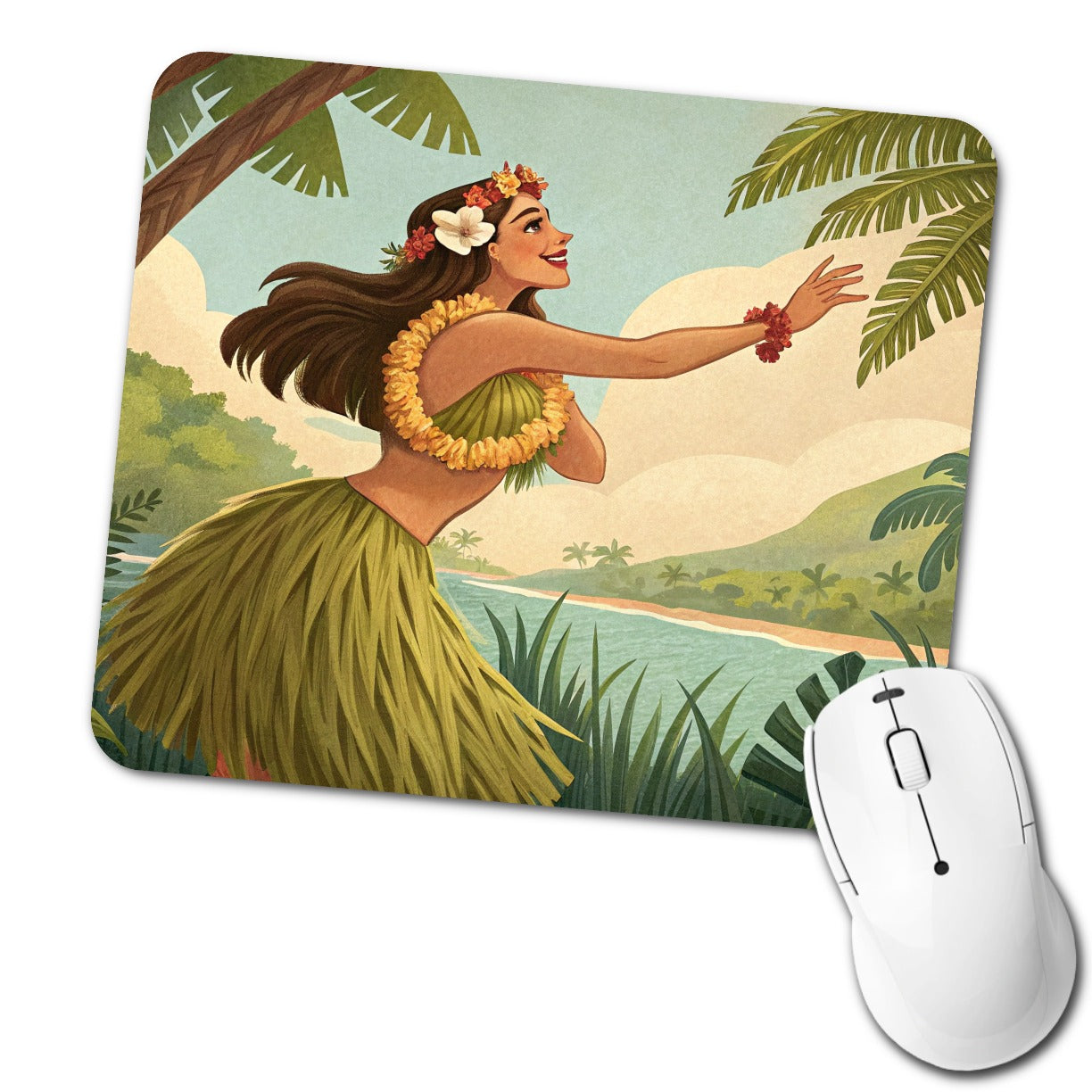Dancing Hawaiian Hula Girl in Grass Skirt Low Profile Mouse Pad Mat