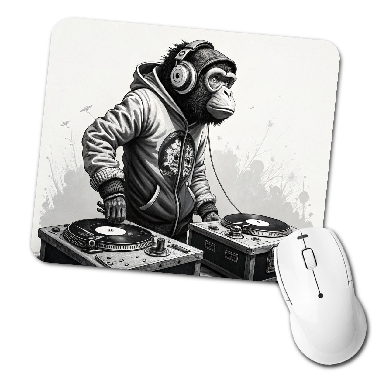 DJ Monkey with Headphones B&W Low Profile Mouse Pad Mat