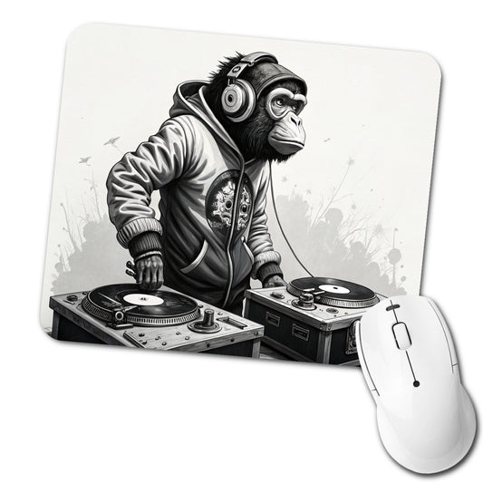 DJ Monkey with Headphones B&W Low Profile Mouse Pad Mat