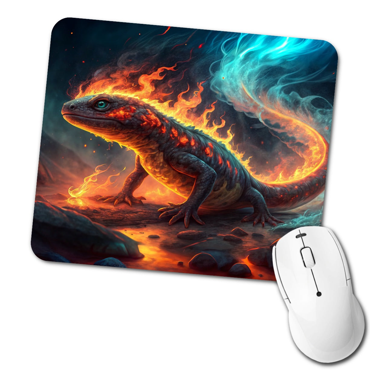 Flaming Fantasy Salamander at Night Low Profile Mouse Pad Mat