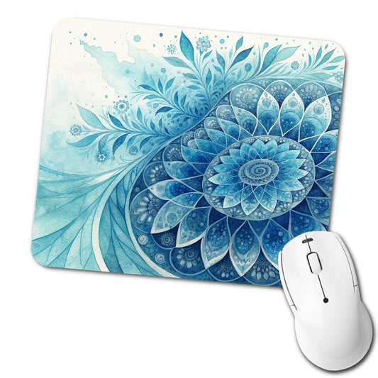 Fractal Art Blue Flower Pattern Watercolor Style Low Profile Mouse Pad Mat