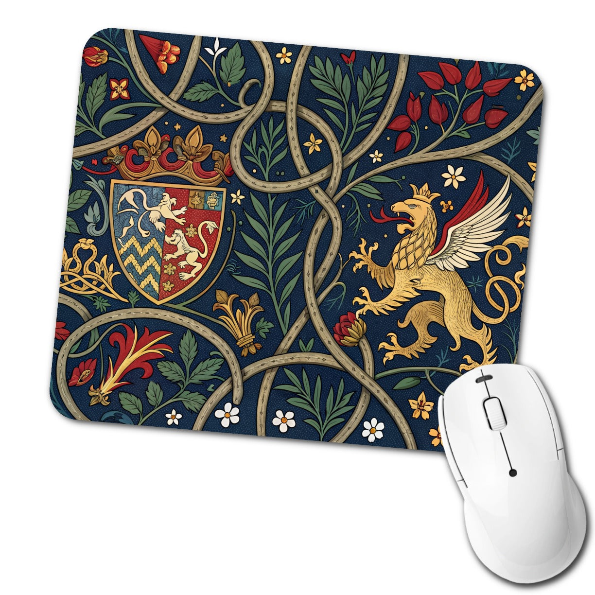 Medieval Ornamentation Griffin Shield Pattern Low Profile Mouse Pad Mat