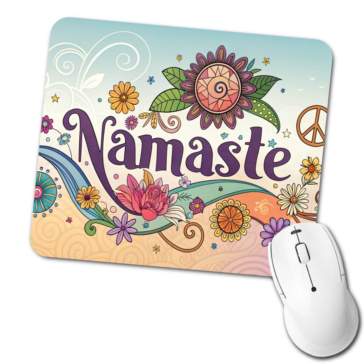 Namaste Hippie Retro Peace Flowers Low Profile Mouse Pad Mat