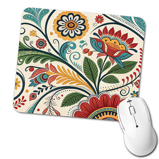 Traditional Folk Art Flowers Leaves Pattern Low Profile Mouse Pad Mat