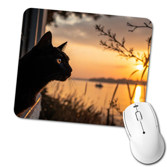 Black Cat Sunset Window Low Profile Mouse Pad Mat