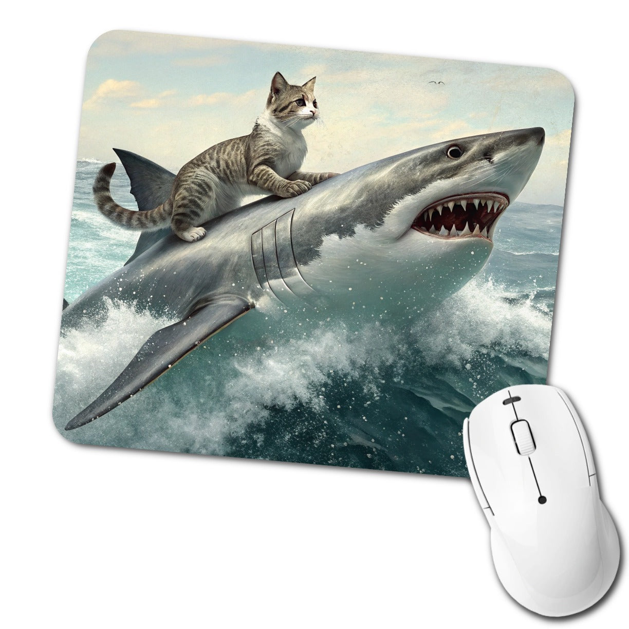 Cat Riding Shark Funny Low Profile Mouse Pad Mat