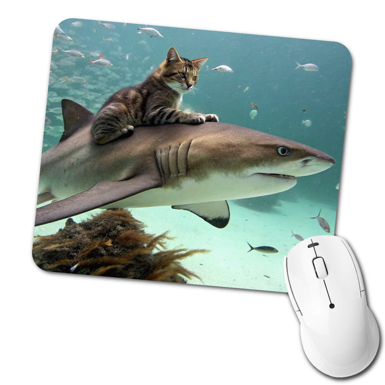 Cat Riding Shark Under Water Low Profile Mouse Pad Mat
