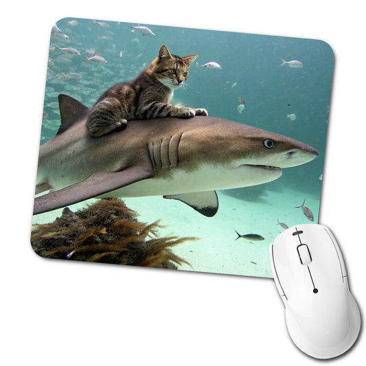 Cat Riding Shark Under Water Low Profile Mouse Pad Mat
