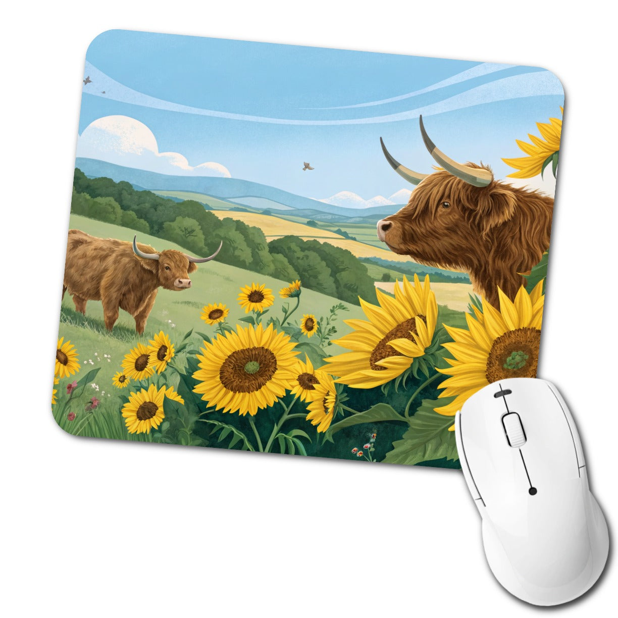 Highland Cows Sunflowers Field Low Profile Mouse Pad Mat