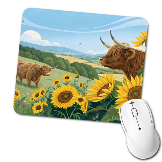 Highland Cows Sunflowers Field Low Profile Mouse Pad Mat