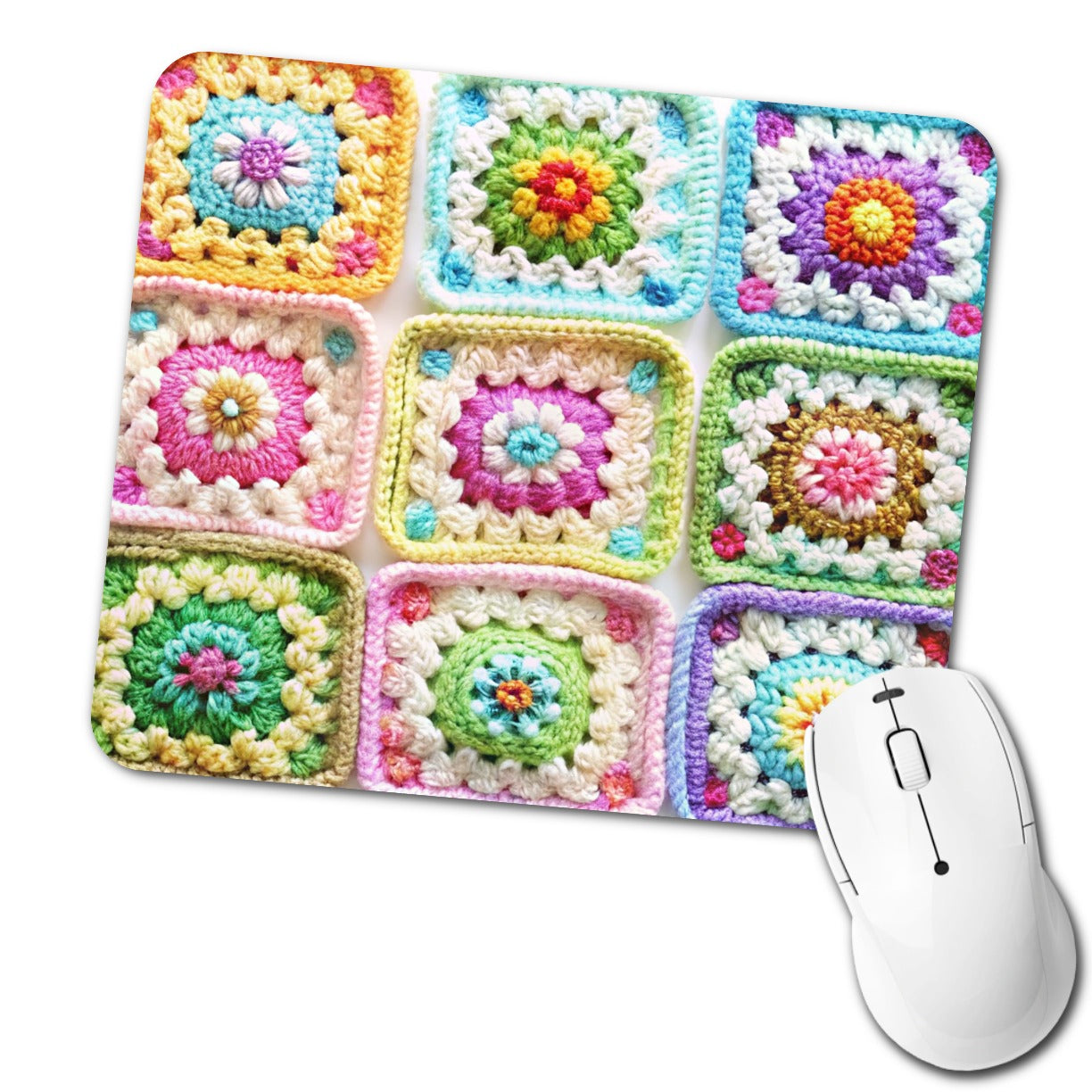 Rainbow Crochet Granny Squares Low Profile Mouse Pad Mat