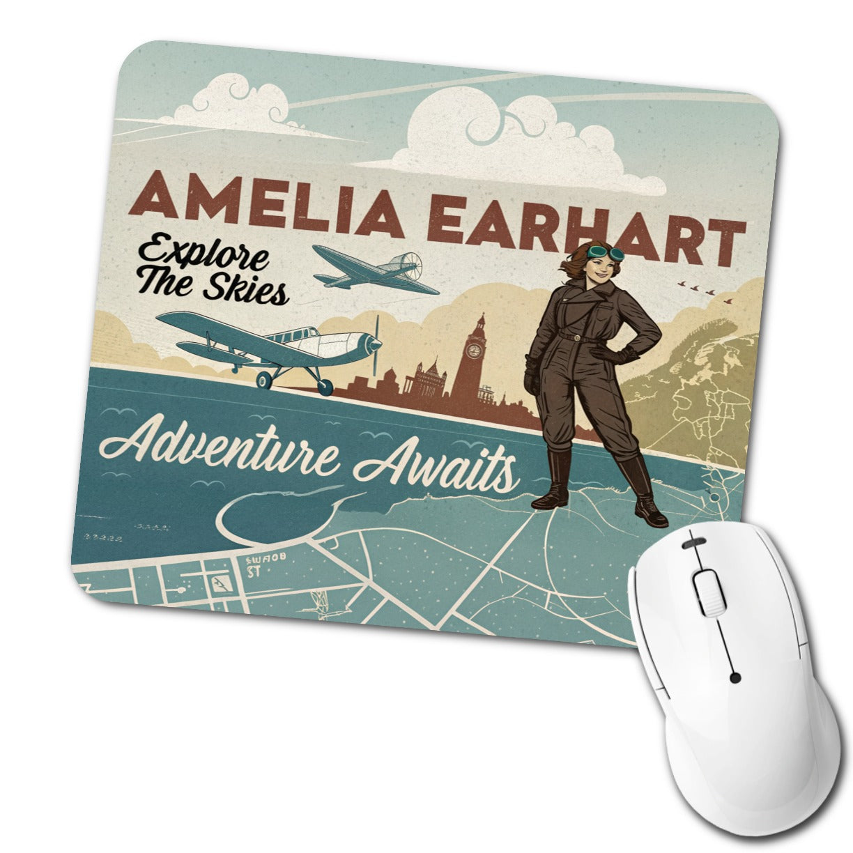Retro Amelia Earhart Flight Adventure Low Profile Mouse Pad Mat
