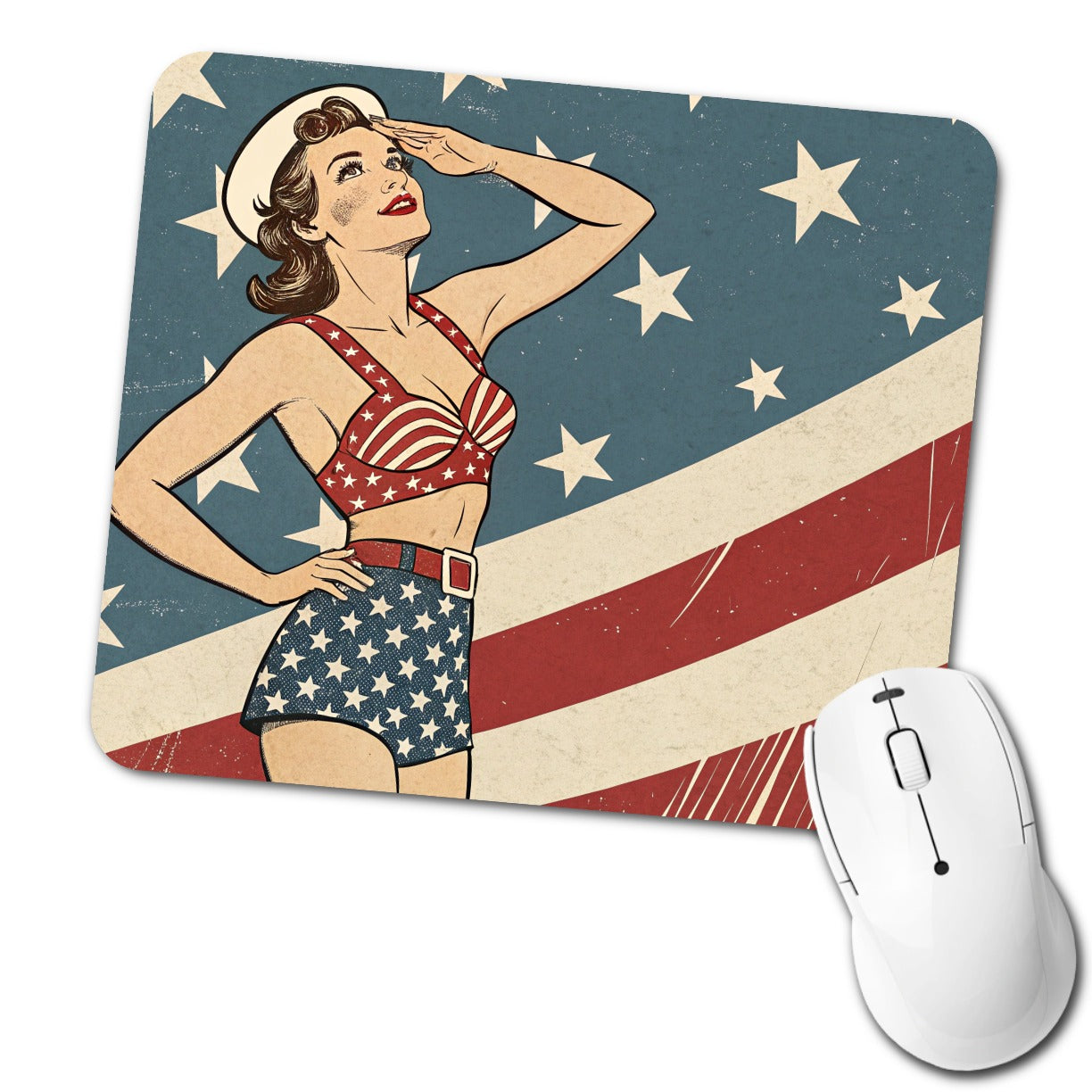 Vintage American Flag Pinup Woman Low Profile Mouse Pad Mat