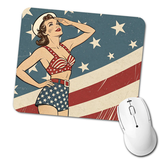 Vintage American Flag Pinup Woman Low Profile Mouse Pad Mat