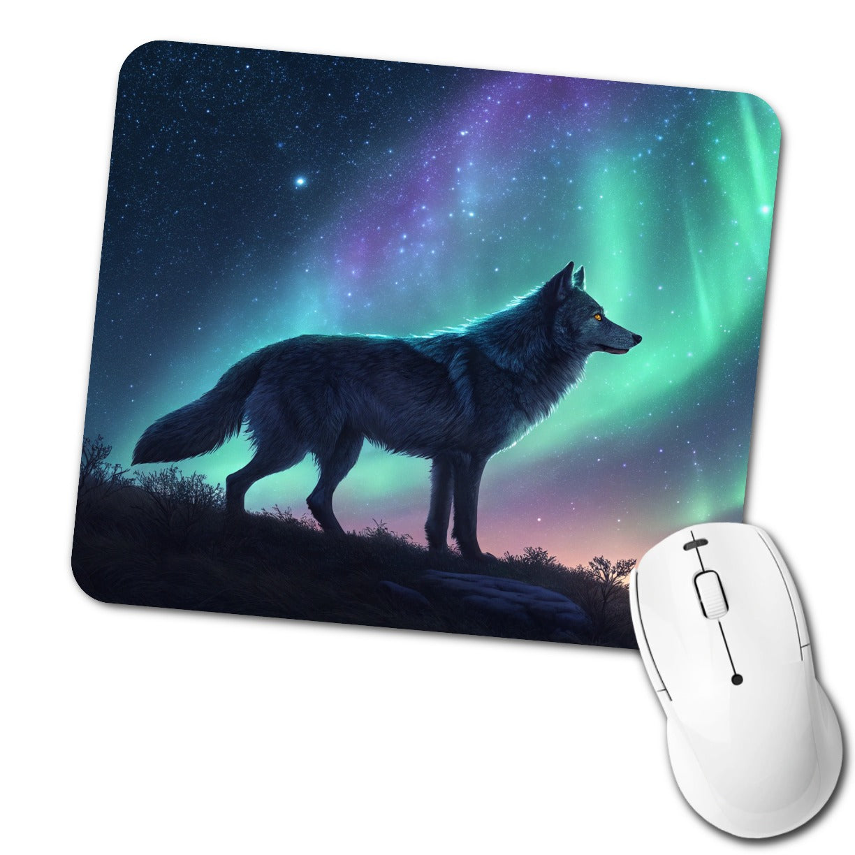 Wolf Beneath Aurora Borealis Low Profile Mouse Pad Mat