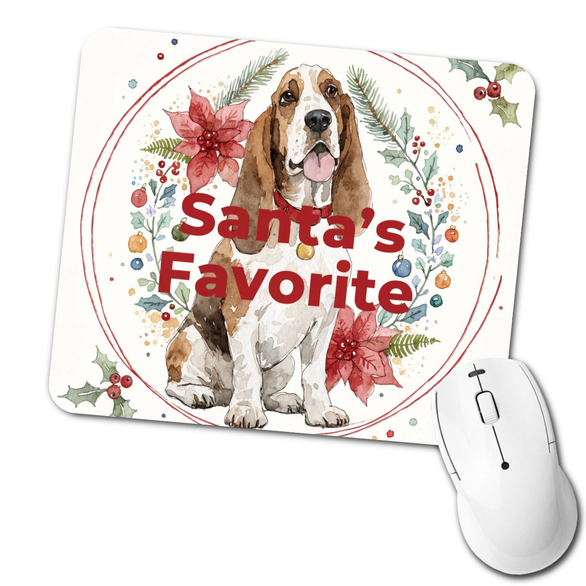 Basset Hound Dog Sitting Christmas Santa's Favorite Low Profile Mouse Pad Mat