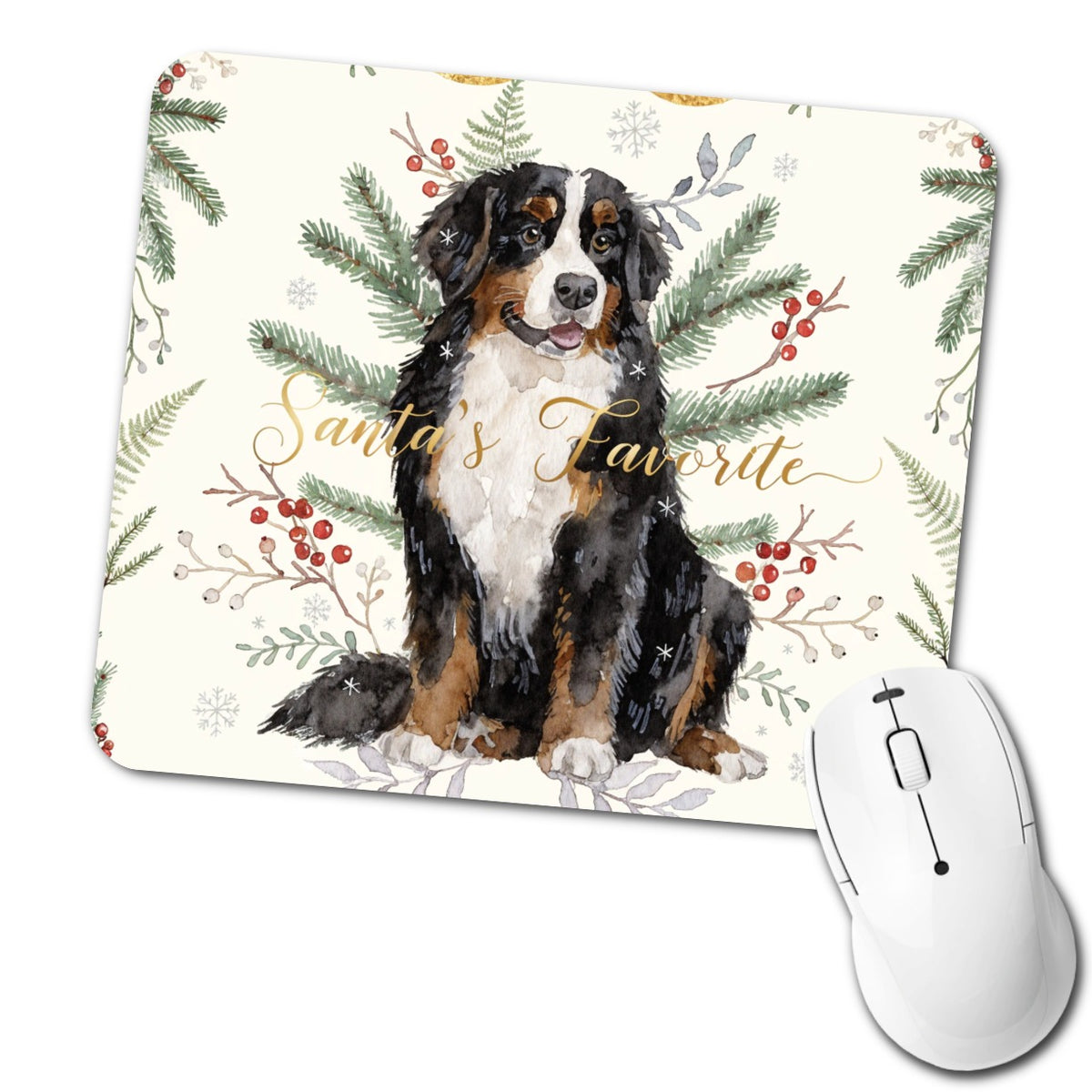 Bernese Mountain Dog Sitting Christmas Santa's Favorite Low Profile Mouse Pad Mat