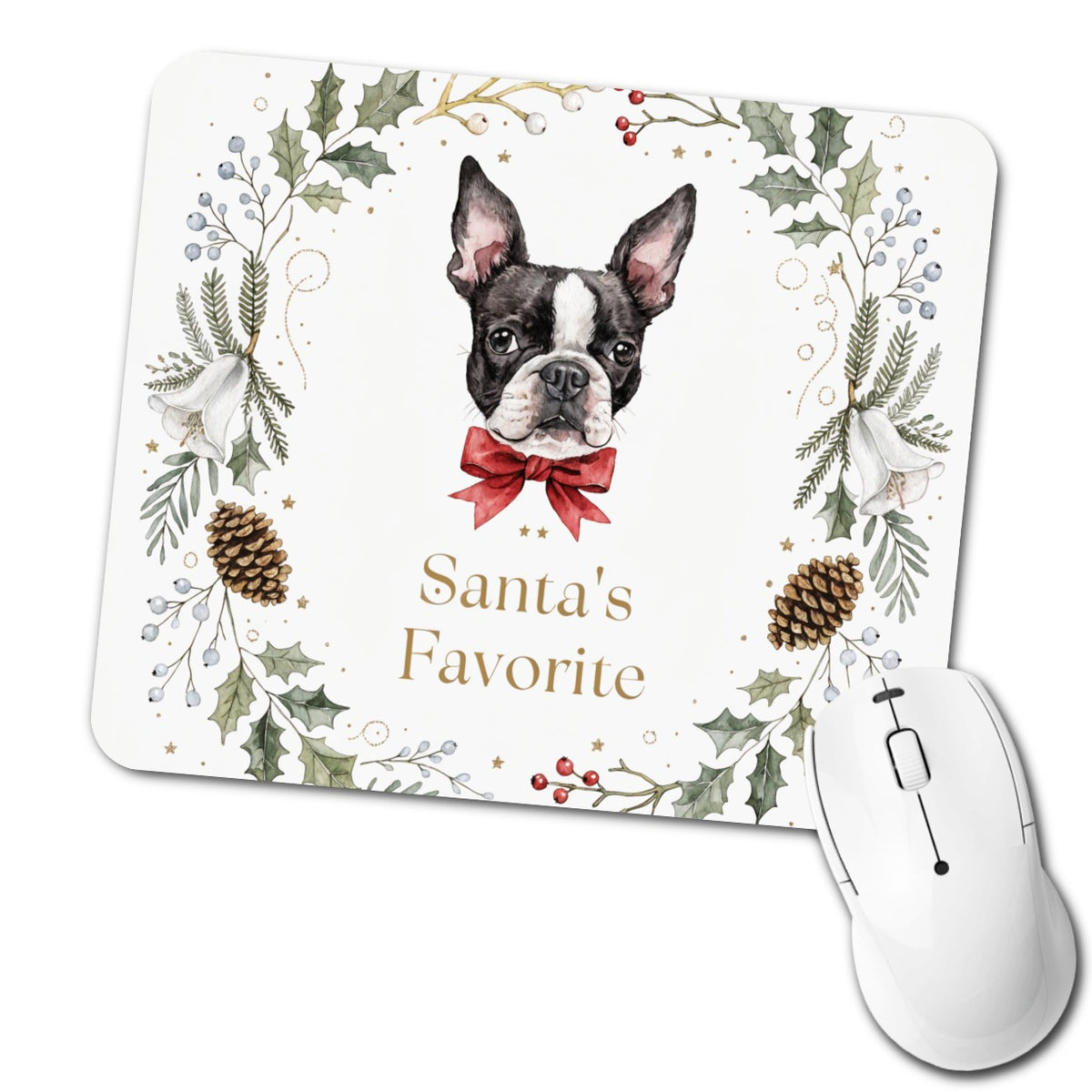 Boston Terrier Dog Christmas Santa's Favorite Low Profile Mouse Pad Mat