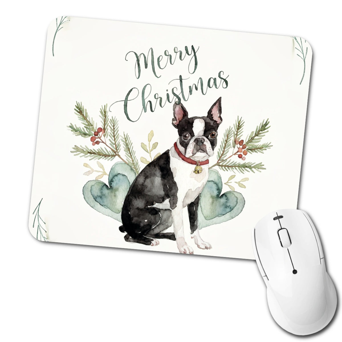 Boston Terrier Dog Merry Christmas Low Profile Mouse Pad Mat