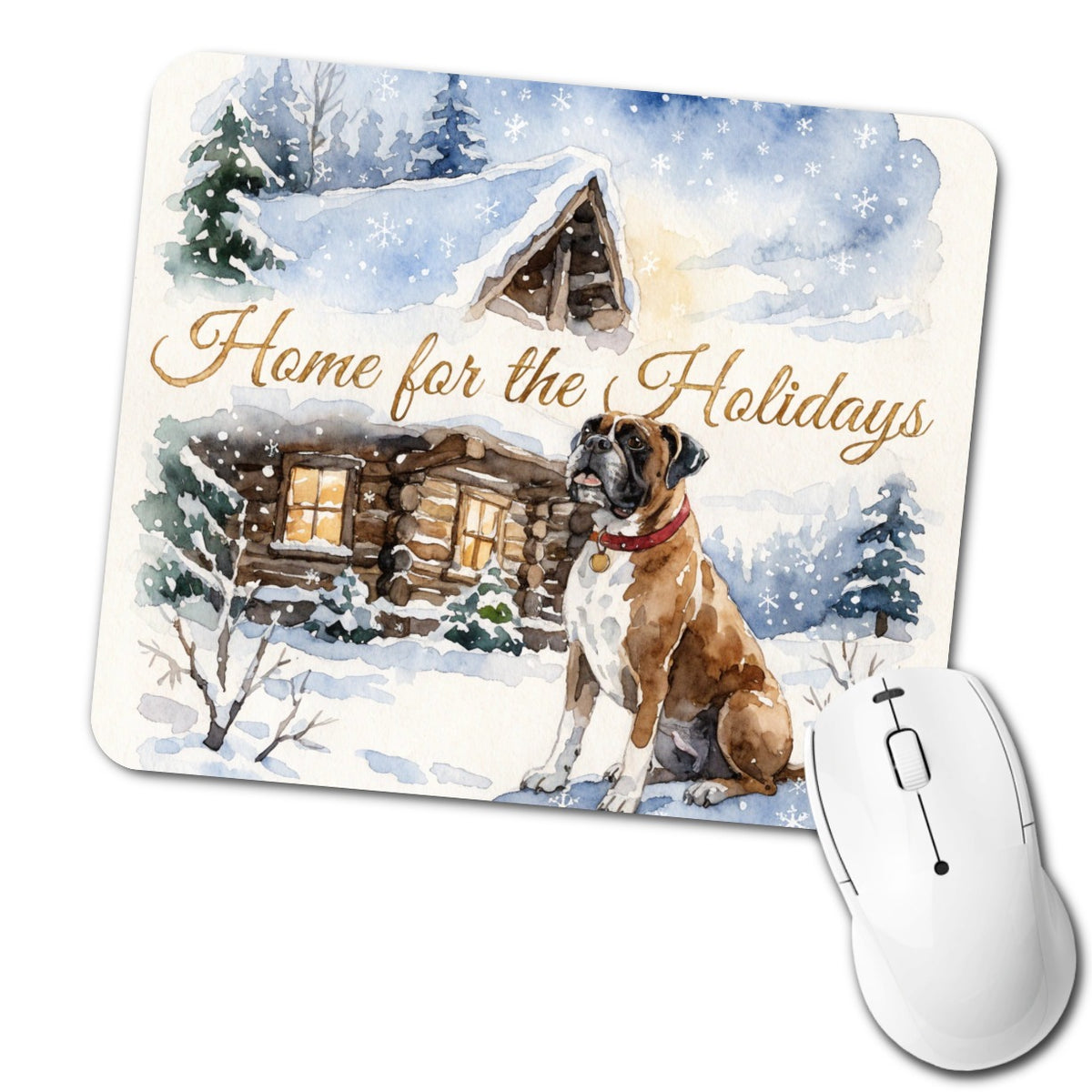 Boxer Dog Home For Holidays Christmas Low Profile Mouse Pad Mat