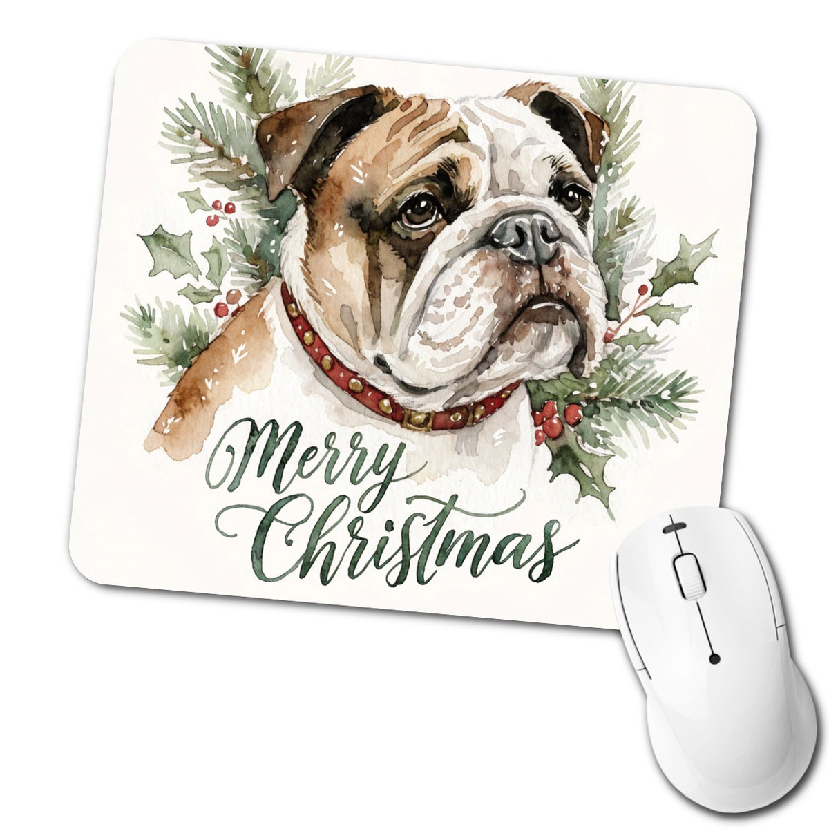 Bulldog Merry Christmas Watercolor Low Profile Mouse Pad Mat