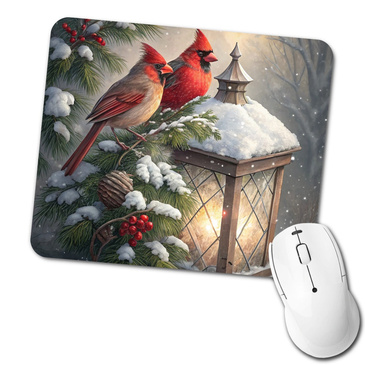 Cardinal Birds Snow Lantern Christmas Low Profile Mouse Pad Mat