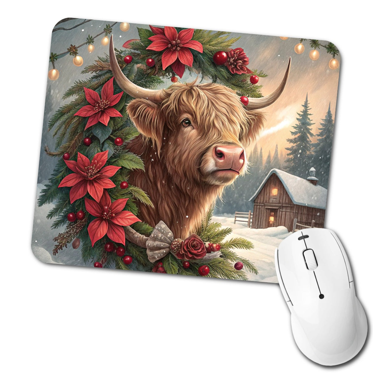 Christmas Highland Cow Barn Low Profile Mouse Pad Mat
