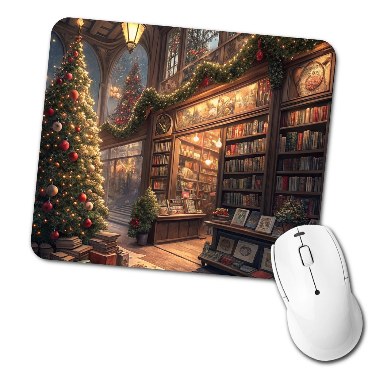Cozy Christmas Bookstore Library Low Profile Mouse Pad Mat