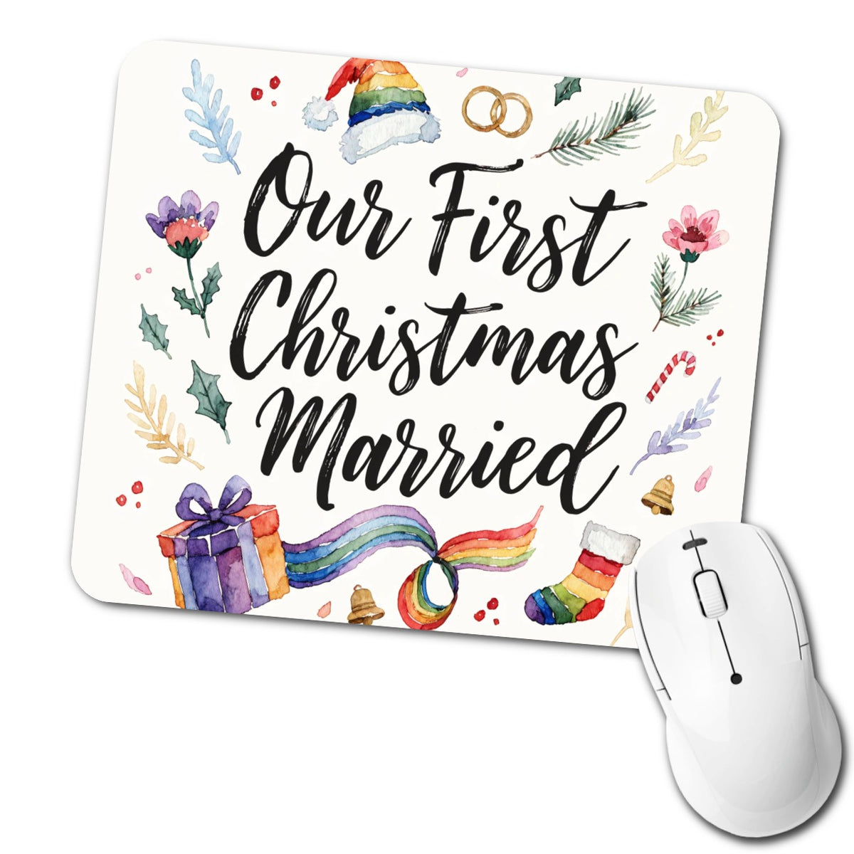 First Christmas Married Wedding Pride LGBTQ Low Profile Mouse Pad Mat
