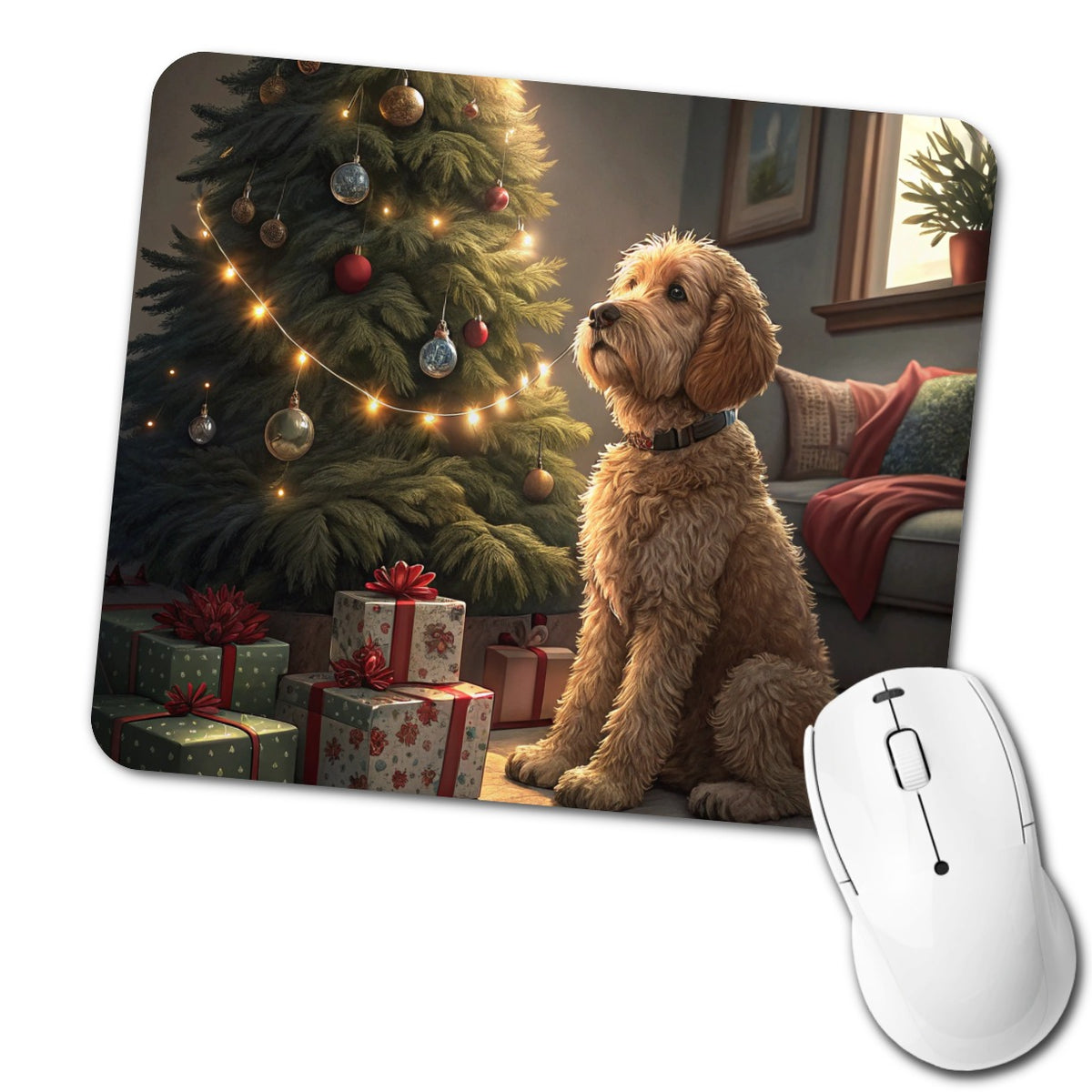 Goldendoodle Sitting Christmas Low Profile Mouse Pad Mat