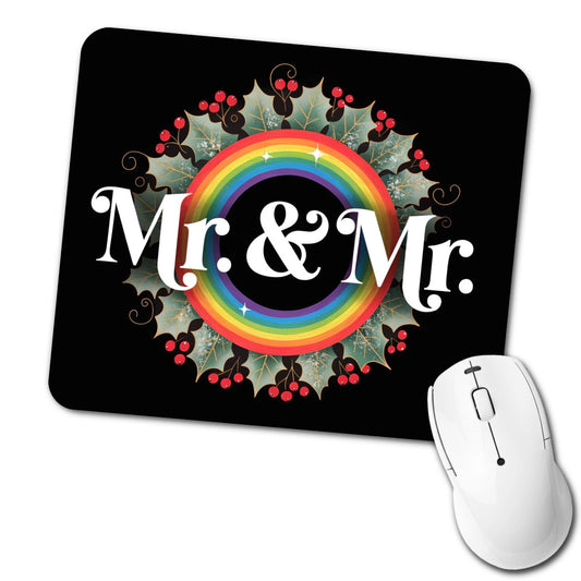 Mr and Mr Pride Gay Rainbow Christmas Wreath Low Profile Mouse Pad Mat