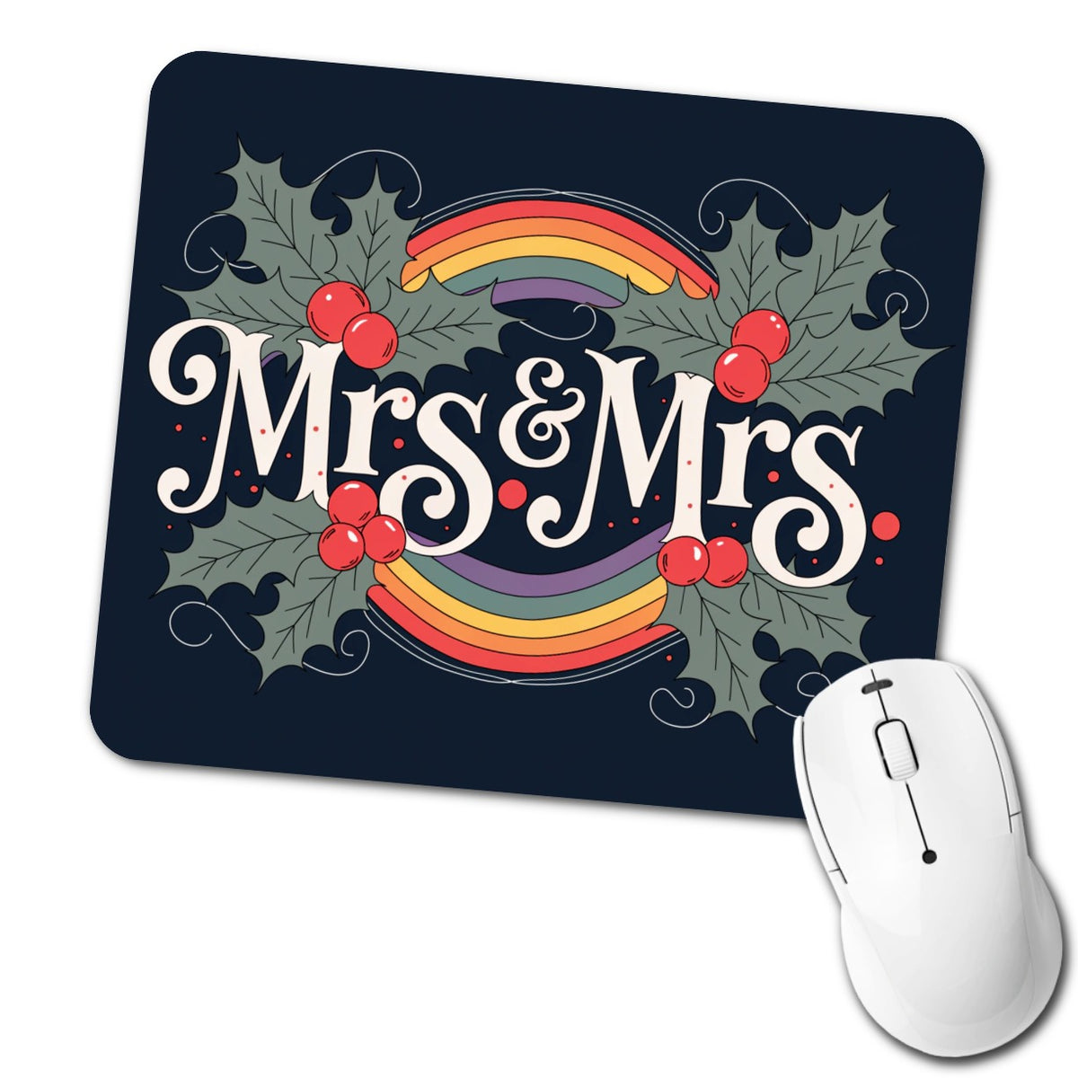 Mrs and Mrs Pride Gay Lesbian LGBTQ Double Rainbow Christmas Low Profile Mouse Pad Mat