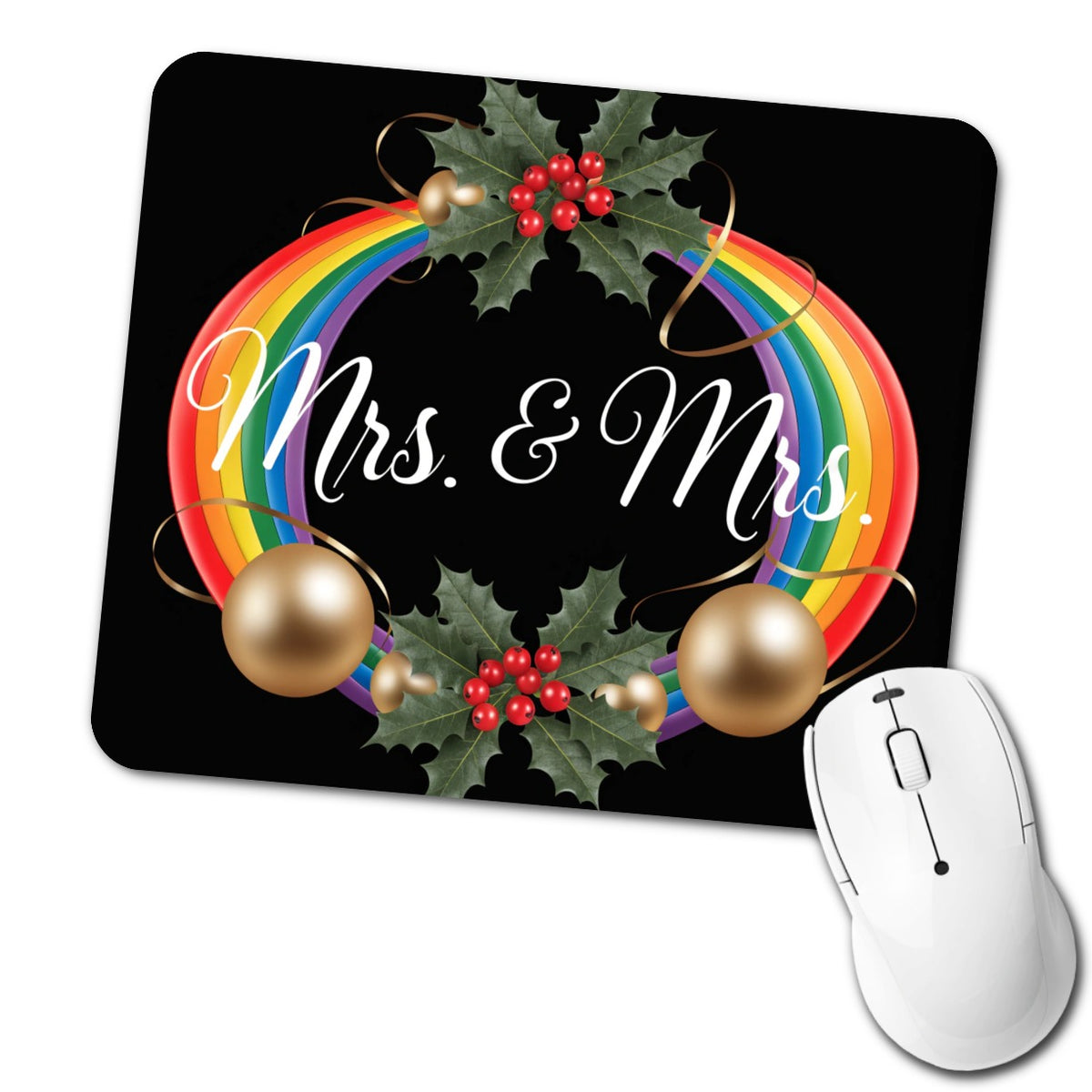 Mrs and Mrs Pride Gay Lesbian Rainbow Christmas On Black Low Profile Mouse Pad Mat
