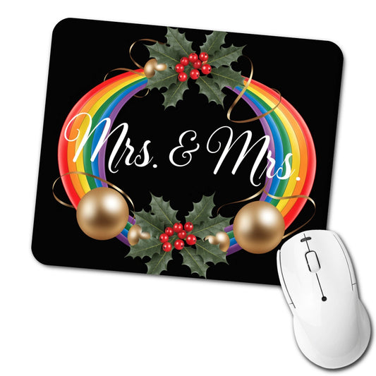 Mrs and Mrs Pride Gay Lesbian Rainbow Christmas On Black Low Profile Mouse Pad Mat
