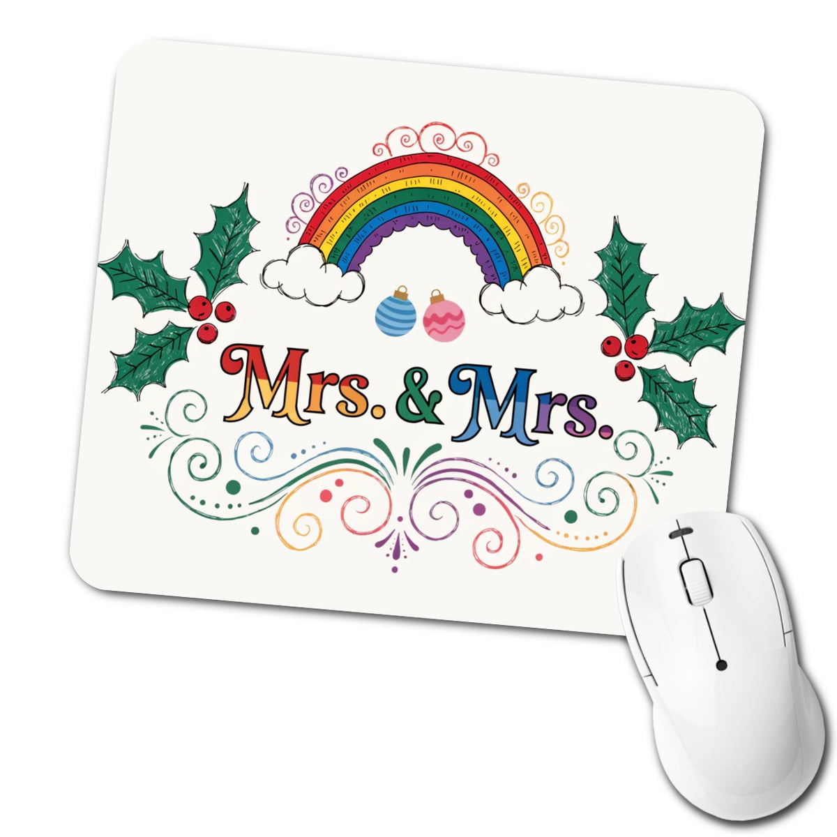 Mrs and Mrs Pride Gay Lesbian Rainbow Christmas Low Profile Mouse Pad Mat