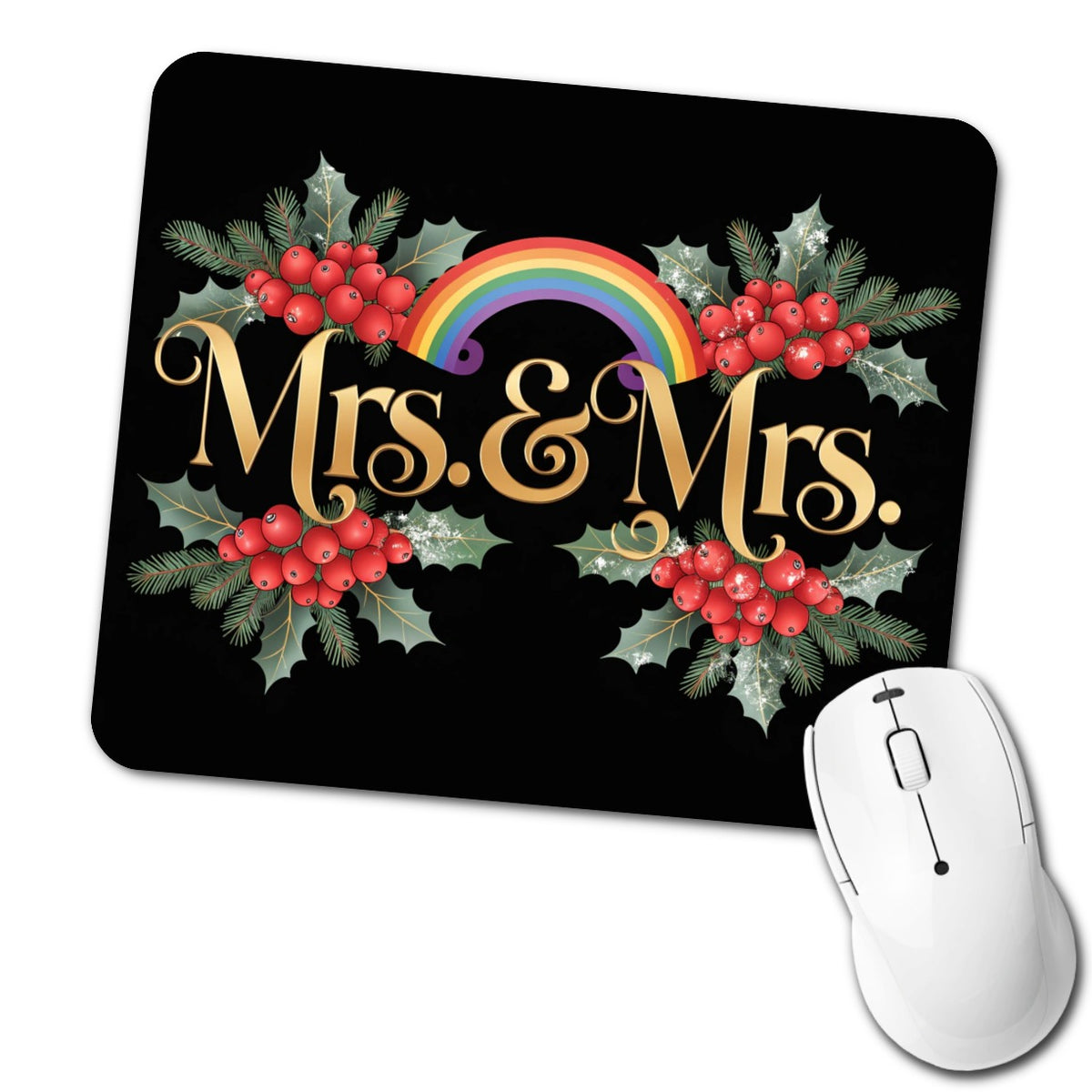 Mrs and Mrs Pride Lesbian LGBTQ Rainbow Christmas Low Profile Mouse Pad Mat