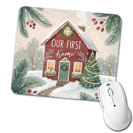 Our First Home Christmas Red House Low Profile Mouse Pad Mat