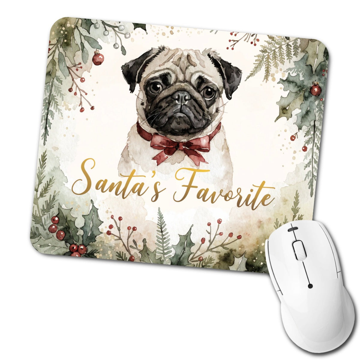 Pug Dog Christmas Santa's Favorite Low Profile Mouse Pad Mat