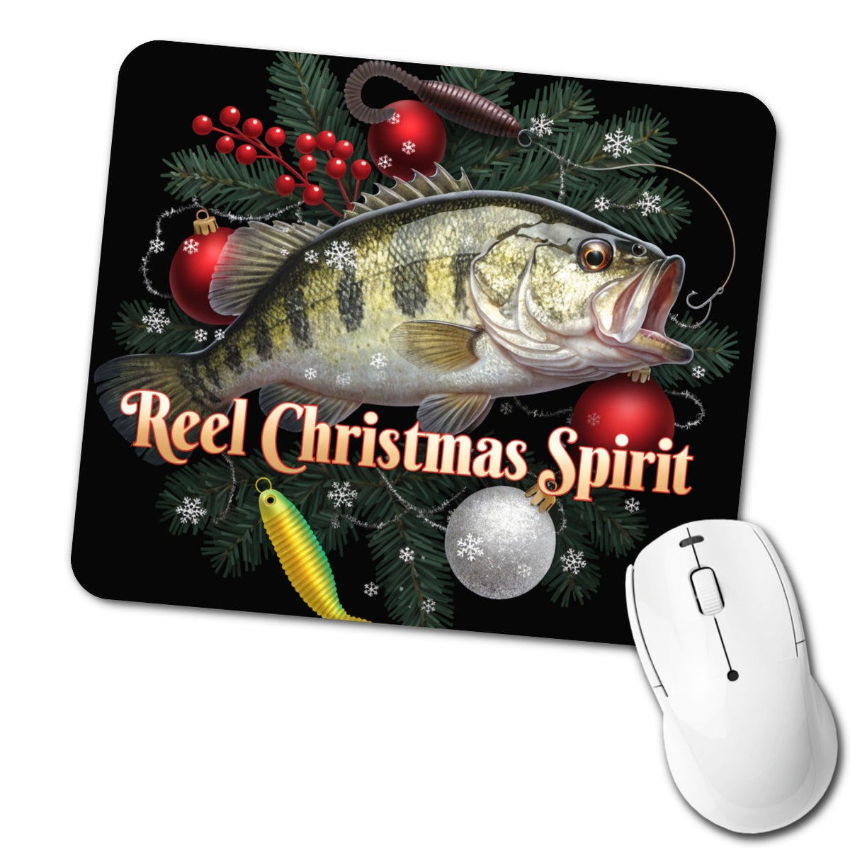 Reel Christmas Spirit Fishing Fisherman Low Profile Mouse Pad Mat