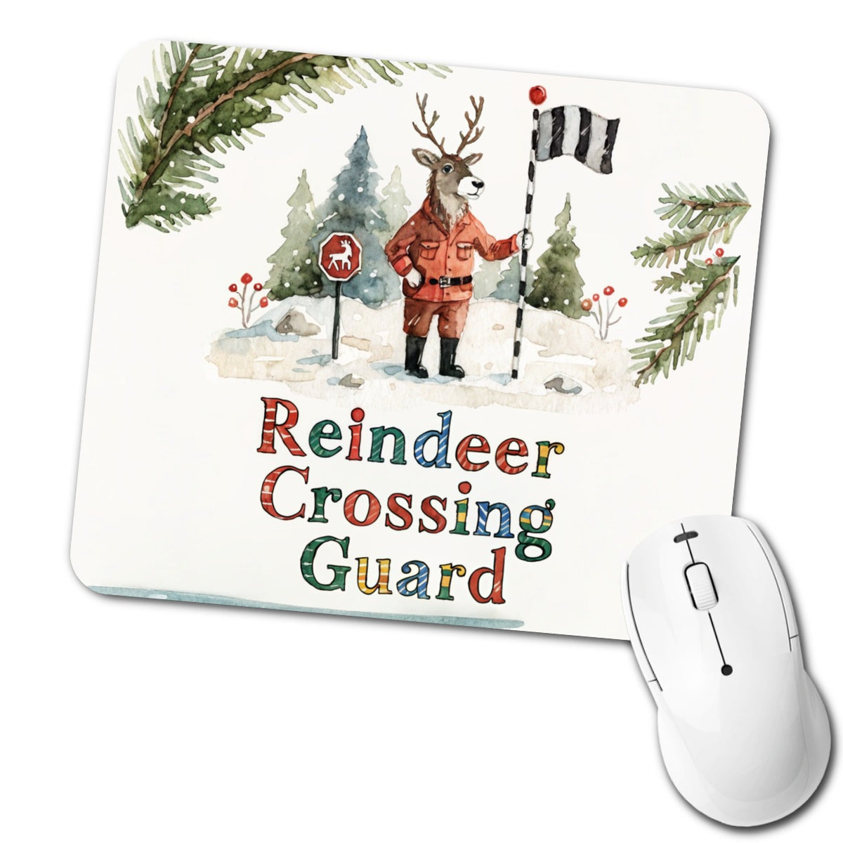 Reindeer Crossing Guard Christmas Funny Low Profile Mouse Pad Mat