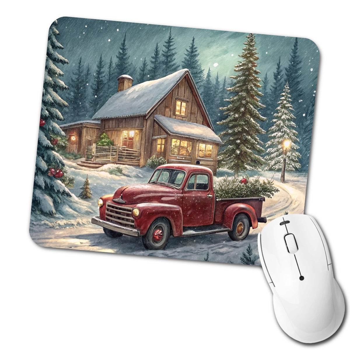 Vintage Americana Christmas Tree In Red Truck Low Profile Mouse Pad Mat